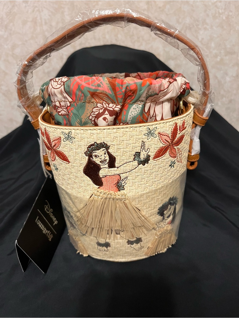 Loungefly Cream Floral Bucket Bag with Coral and Teal Drawstring - Picture 3 of 6